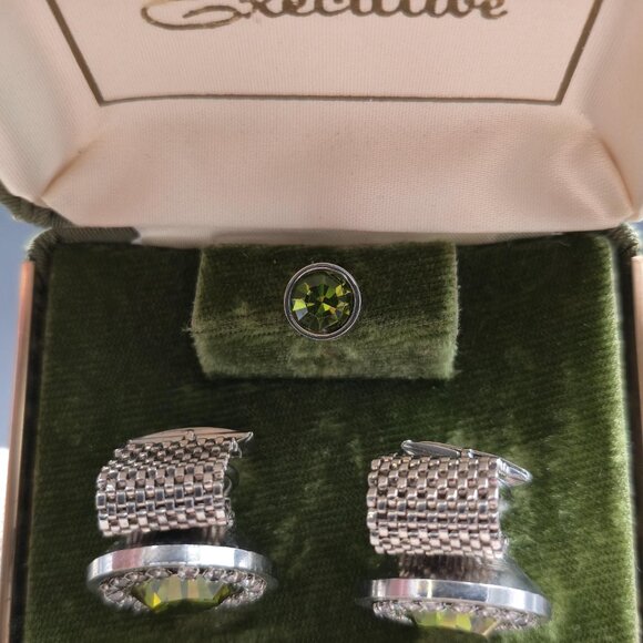 EXECUTIVE Crystal Cuff Links And Tie Tack Set Vintage B840 - Picture 3 of 7